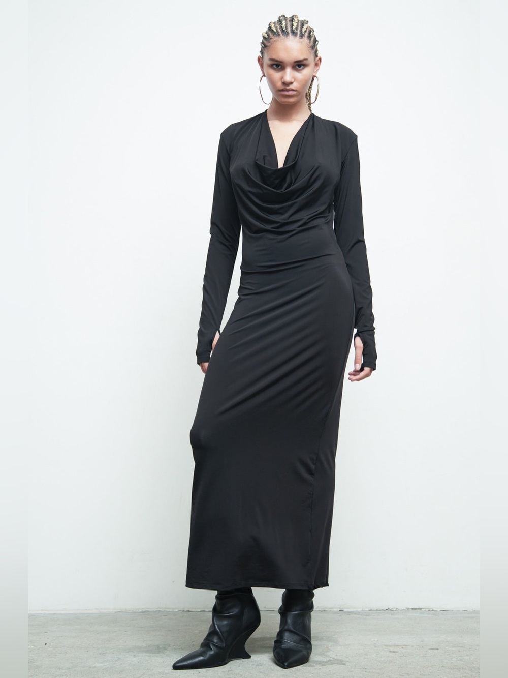 Nicholas K Black Long-Sleeve Draped Neck Maxi Dress Sz M Contemporary Edgy Chic